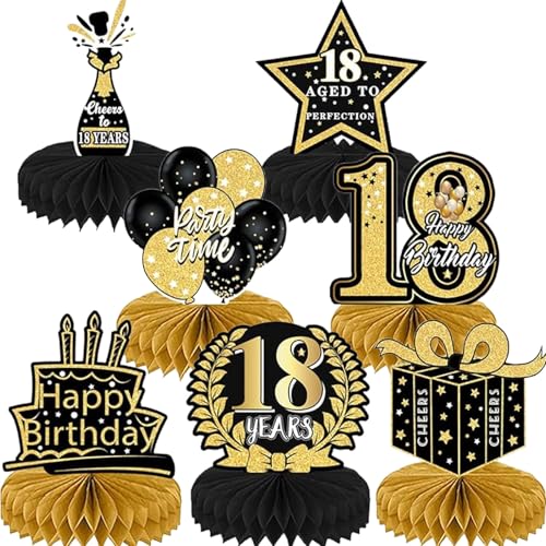 YFJSML 7 Stück Schwarze Goldene Bienenwabe Mittelstück Tischdeko Geburtstag, 18. Geburtstag Junge, 18 Geburtstag Deko, 18 Geburtstag Party Deko für Männer (Schwarze Goldene 18) von YFJSML