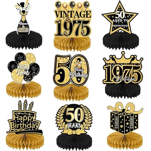 YFJSML 9 Stück Schwarze Goldene Bienenwabe Mittelstück Tischdeko Geburtstag, 50. Geburtstag Junge, 50 Geburtstag Deko, 50 Geburtstag Party Deko für Männer (Schwarze Goldene) von YFJSML
