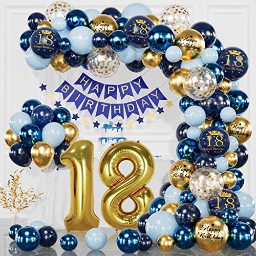 18. Geburtstag Deko Marineblau Gold für Mädchen Junge - Happy Birthday Banner, Konfetti Luftballons, Jahr Geburtstagdeko von YFKJEU