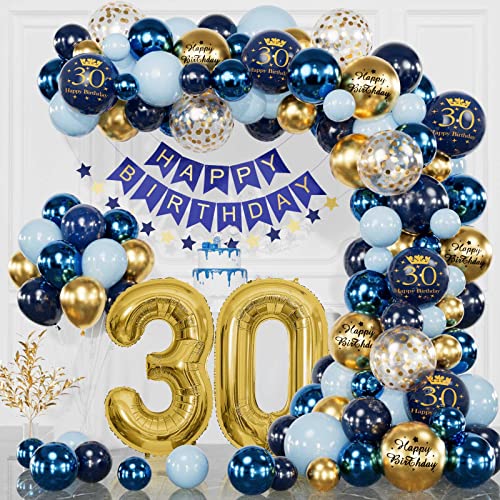 30 Geburtstag Deko Marineblau Gold für Männer Frauen, Happy Birthday Banner, Konfetti Luftballons für 30 Jahr Geburtstagdeko von YFKJEU