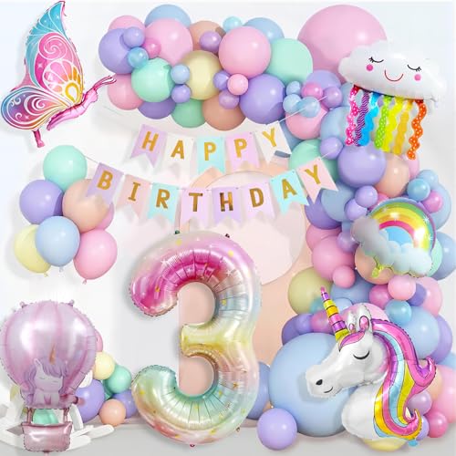 Einhorn Geburtstagsdeko Mädchen 3 Jahre, Kindergeburtstag Luftballons, Happy Birthday Banner, Schmetterling Folienballon, 3. Geburtstag Mädchen Deko Einhorn Geburtstagsdeko Mädchen 3 Jahre, Kindergeburtstag Luftballons, Happy Birthday Banner, Schmetterling Folienballon, 3. Geburtstag Mädchen Deko von YFKJEU