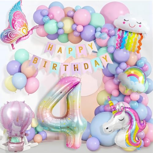 Einhorn Geburtstagsdeko Mädchen 4 Jahre, Kindergeburtstag Luftballons, Happy Birthday Banner, Schmetterling Folienballon, 4. Geburtstag Mädchen Deko Einhorn Geburtstagsdeko Mädchen 4 Jahre, Kindergeburtstag Luftballons, Happy Birthday Banner, Schmetterling Folienballon, 4. Geburtstag Mädchen Deko von YFKJEU