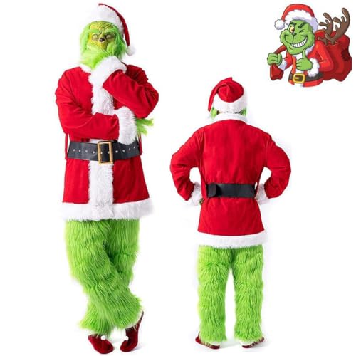 YFMBFV ChristmasGrinch 7 Stück Grinch Kostüm Komplett, Grinch Kostüm Erwachsene, Weihnachtsmann Kostüm Herren, Grinch Kostüm Damen, Grinch Kostüm Herren von YFMBFV