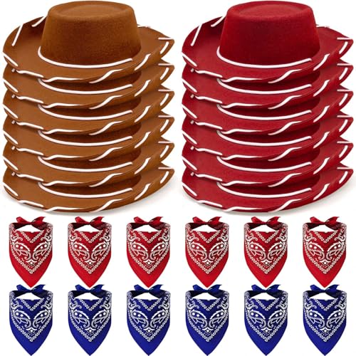 24 Stück Cowboyhut Set für Kinder – Cowboyhüte mit weißer Kordel und Bandanas in Rot und Blau – Wild West Party Zubehör für Cowboy und Cowgirl Kostüm an Karneval, Fasching und Mottoparty (Braun & Rot) von YFNVH