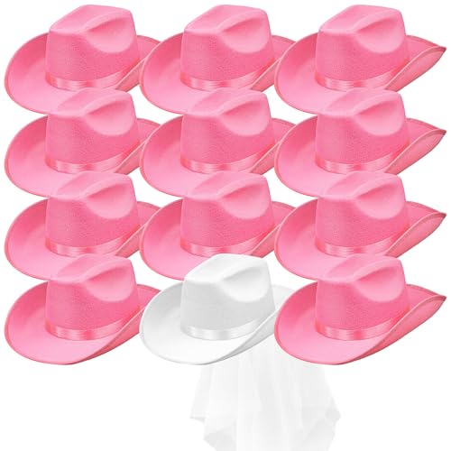 YFNVH 12 Stück Rosa Cowboyhüte für Damen Braut Cowgirl Hut mit Schleier, Western-Cowboyhut für Hochzeit, Junggesellinnenabschied, Geburtstagsparty, Western-Mottoparty (Rosa und Weiß) von YFNVH