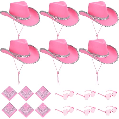 YFNVH 18 Stk Cowboyhut Rosa Set - Glitzer Cowgirl Kostüm Zubehör mit Glitzer Westernhut, Herz-Sonnenbrille und Bandana Ideal für Karneval, Fasching, Mottoparty, JGA & Bühne(Rosa) von YFNVH