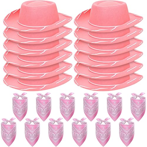 YFNVH 24 Stück Cowboyhut Set für Kinder – Cowboyhüte mit weißer Kordel und Bandanas in Rosa – Wild West Party Zubehör für Cowboy und Cowgirl Kostüm an Karneval, Fasching und Mottoparty (Rosa) von YFNVH