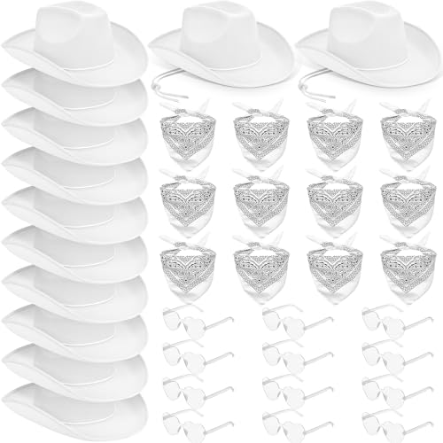 YFNVH 36 Stück Weiße Cowboy Hut Set – 12 Cowboyhut Damen & Herren mit Bandanas Sonnenbrillen, Verstellbarem Kordelzug am Hals, Cowgirl Kostüm für Faschingskostüme, Junggesellenabschied und Karneval von YFNVH