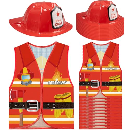 YFNVH Feuerwehr Kostüm für Kinder, 12 Feuerwehr Westen & 12 Hüte, Feuerwehr Rollenspiel Partybedarf für Geburtstag, Halloween, Weihnachten von YFNVH