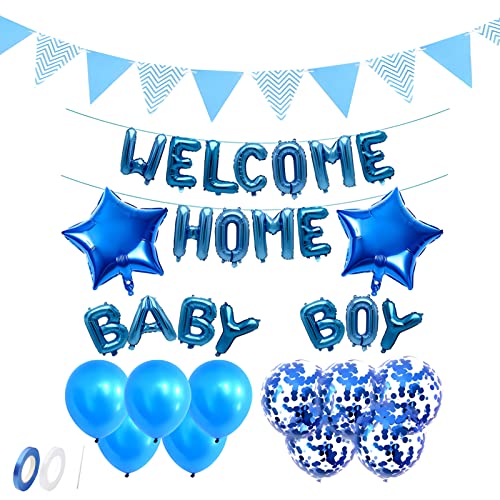 Welcome Home Baby Boy Willkommen Zuhause Junge Deko MäDchen Babyparty Luftballons Herzlich Party Dekoration Latex Ballons Mit Pailletten Helium Buchstaben Stern Folienballons Ballon Banner (Blau) von YGACHE