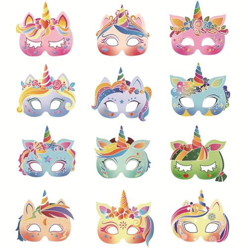 YGCHEN Einhorn Masken Kindermasken Regenbogen Einhorn Papier Maske Tiermask Party Masken für Halloween Weihnachten Cosplay Geburtstag Geschenke 12 Stück von YGCHEN
