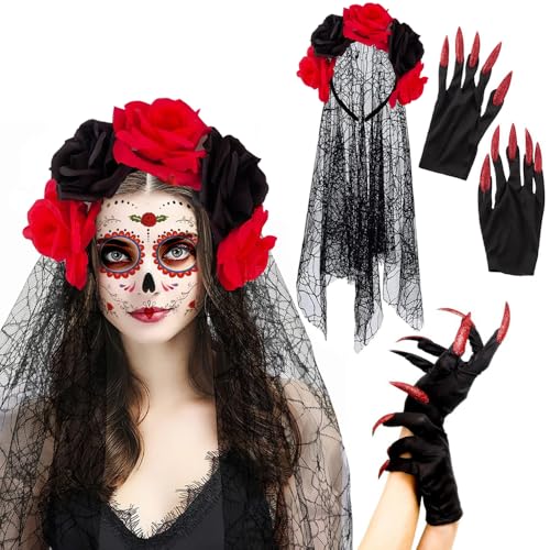 YGCHEN Halloween Tag der Toten Haarreif, Rot Nagelhandschuhe, Geisterbraut Stirnband mit Blumen und Schleier, Halloween Fingernägel Handschuhe, Halloween Kostüm Accessoires YGCHEN Halloween Tag der Toten Haarreif, Rot Nagelhandschuhe, Geisterbraut Stirnband mit Blumen und Schleier, Halloween Fingernägel Handschuhe, Halloween Kostüm Accessoires von YGCHEN