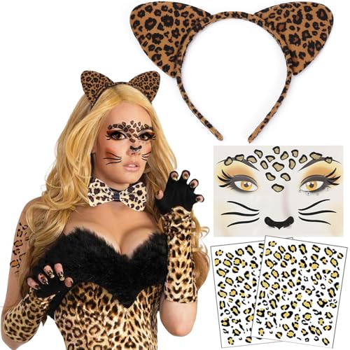 YGCHEN Leopard Kostüm Set, Leoparden Ohren Haarreif, Leopard Gesicht Tattoo, Leopard Temporäre Tattoos, Leoparden Kostüm Damen Accessoires, für Halloween, Karneval, Party Dekoration Zubehör YGCHEN Leopard Kostüm Set, Leoparden Ohren Haarreif, Leopard Gesicht Tattoo, Leopard Temporäre Tattoos, Leoparden Kostüm Damen Accessoires, für Halloween, Karneval, Party Dekoration Zubehör von YGCHEN