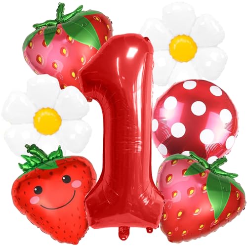 YGCHEN Luftballons Erdbeer 1 Jahr Mädchen Geburtstagsballons Nummer 1 Geburtstag Ballon Gänseblümchen Folienballon Erdbeere 1 Jahr Party Deko Baby Shower 7 Stück von YGCHEN