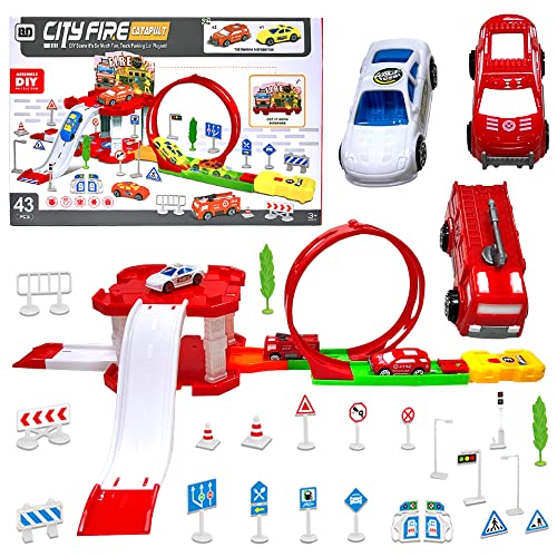 YGCHEN Track Auto Spielzeug für Spielzeugauto Kinder Autorennbahnen Verkehrsschilder Feuerwehr Auto Stadt Rennfahrzeug Spielzeugauto Zubehör von YGCHEN