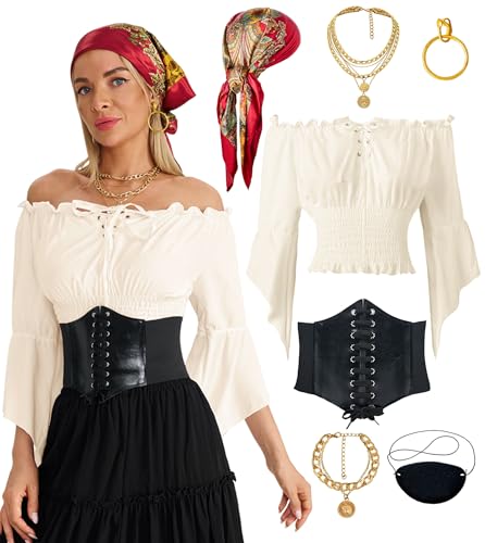 YGDSX Piratenkostüm für Damen, Renaissance, Bauernbluse, schulterfrei, mit Zubehör, Kopftuch, Korsettgürtel, 7-teilig, Beige, XL YGDSX Piratenkostüm für Damen, Renaissance, Bauernbluse, schulterfrei, mit Zubehör, Kopftuch, Korsettgürtel, 7-teilig, Beige, XL von YGDSX