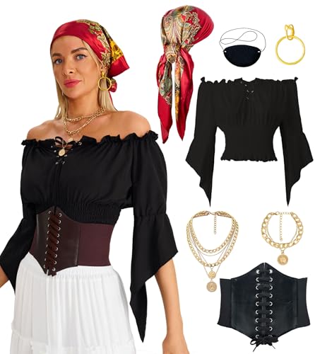 YGDSX Piratenkostüm für Damen, Renaissance, Bauernbluse, schulterfrei, mit Zubehör, Kopftuch, Korsettgürtel, 7-teilig YGDSX Piratenkostüm für Damen, Renaissance, Bauernbluse, schulterfrei, mit Zubehör, Kopftuch, Korsettgürtel, 7-teilig von YGDSX