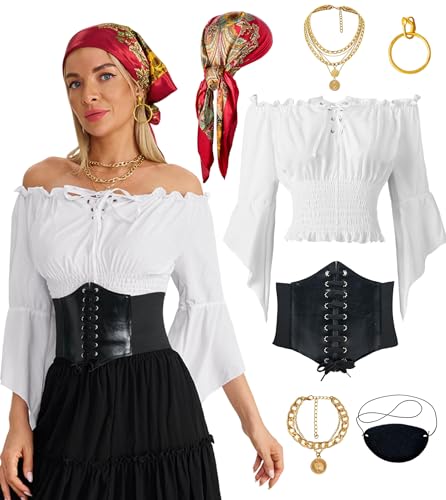YGDSX Piratenkostüm für Damen, Renaissance, Bauernbluse, schulterfrei, mit Zubehör, Kopftuch, Korsettgürtel, 7-teilig YGDSX Piratenkostüm für Damen, Renaissance, Bauernbluse, schulterfrei, mit Zubehör, Kopftuch, Korsettgürtel, 7-teilig von YGDSX