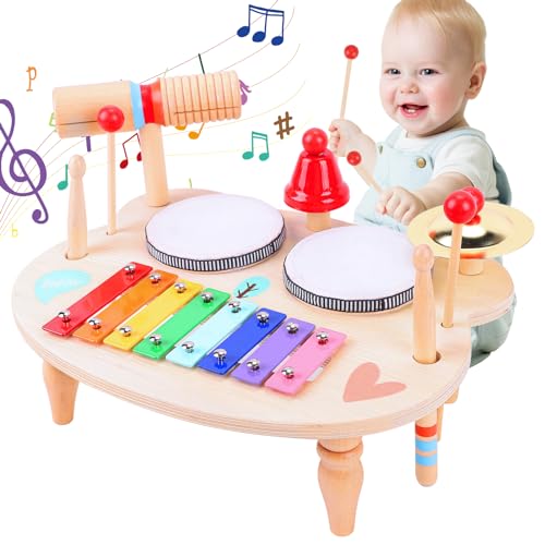 YGJT Schlagzeug Kinder, Trommel 10-in-1 Musikinstrumente Kinder ab 1 2 3 Jahre mit Xylophon, Montessori Baby Spielzeug Kinderspielzeug Holzspielzeug für Ostern Weihnacht Geschenk Junge Mädchen von YGJT