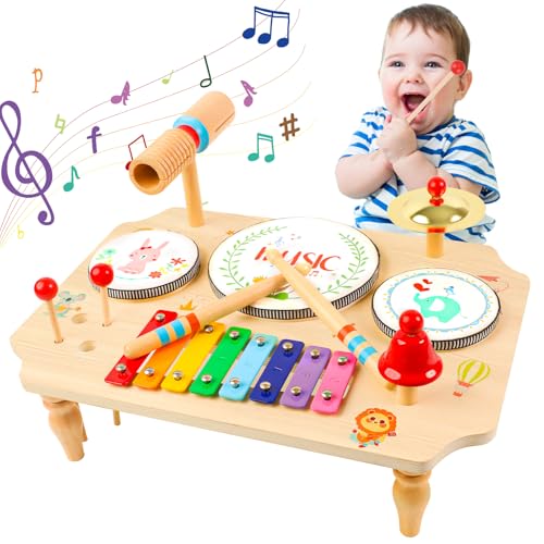 YGJT Schlagzeug Kinder, Trommel 11-in-1 Musikinstrumente Kinder ab 1 2 3 Jahre mit Xylophon, Montessori Baby Spielzeug Kinderspielzeug Holzspielzeug für Ostern Weihnacht Geschenk Junge Mädchen von YGJT