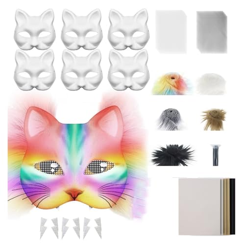 YGXNHOG 29/42pcs Unbemaltte Katzen Gesichtsmaskenpapiermaske Mit Pelziger Zipfel Stoff Augennetz Unbemalte Maskeradenmaske Für Handwerk von YGXNHOG