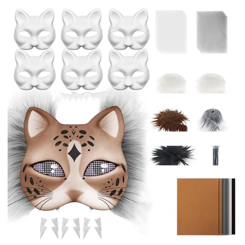 YGXNHOG 29/42pcs Unbemaltte Katzen Gesichtsmaskenpapiermaske Mit Pelziger Zipfel Stoff Augennetz Unbemalte Maskeradenmaske Für Handwerk von YGXNHOG