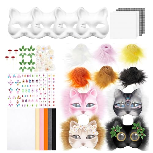 YGXNHOG 4pcs Katzen Gesichtsmaske Weiße Papiermaske Unbemalte Maskeradenmaske Mit Pelziger Stoff Trim Eye Mesh Felted Stoffaufkleber von YGXNHOG