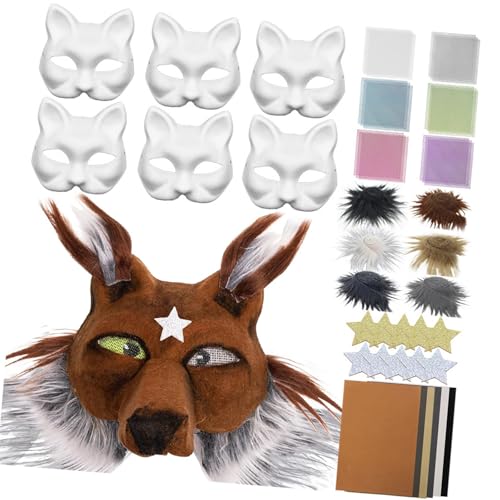 YGXNHOG 6PCS Katzen Gesichtsmaske Unbemalte Maskeraden Masken Set Mit Augennetz Pelziger Trimmaufkleber Felted Tuch Für Halloween Cosplay von YGXNHOG