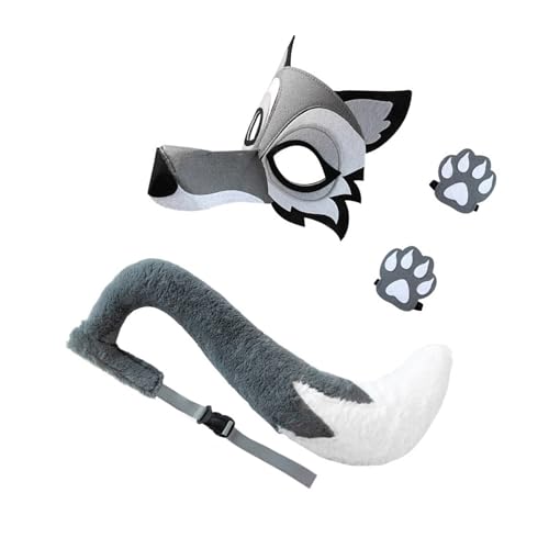 YGXNHOG Kid Adult Wolf Kostüm Set Gehören Wolf Gesichtsmaske Wolf Schwanz Und Handschuhe Halloween Tierkostüm Wolf Cosplay Accessoires von YGXNHOG