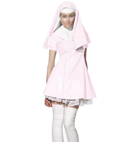 YGZHANYUANOKU Cosplay-Uniform mit Kopfbedeckungen, Patchwork, PVC-Leder, kurze Ärmel, Spitzensaum, Kleid, Halloween-Party-Kostüme, anpassbar, Hellrosa, Größe 4XL von YGZHANYUANOKU