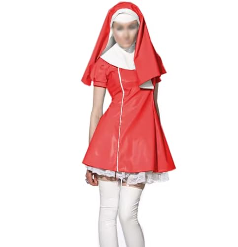YGZHANYUANOKU Cosplay-Uniform mit Kopfbedeckungen, Patchwork, PVC-Leder, kurze Ärmel, Spitzensaum, Kleid, Halloween-Party-Kostüme, anpassbar, Rot, Größe 3XL von YGZHANYUANOKU