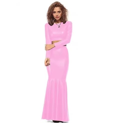 YGZHANYUANOKU Damen-Set, metallisch, Rundhalsausschnitt, langärmelig, bauchfreies Top, hohe Taille, Rock, Bodyco-Stil, Vinyl, Club-Kostüme, personalisierbar, Rosa, XXL von YGZHANYUANOKU