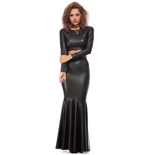 YGZHANYUANOKU Damen-Set, metallisch, Rundhalsausschnitt, langärmelig, bauchfreies Top, hohe Taille, Rock, Bodyco-Stil, Vinyl, Club-Kostüme, personalisierbar, Schwarz, Größe S YGZHANYUANOKU Damen-Set, metallisch, Rundhalsausschnitt, langärmelig, bauchfreies Top, hohe Taille, Rock, Bodyco-Stil, Vinyl, Club-Kostüme, personalisierbar, Schwarz, Größe S von YGZHANYUANOKU