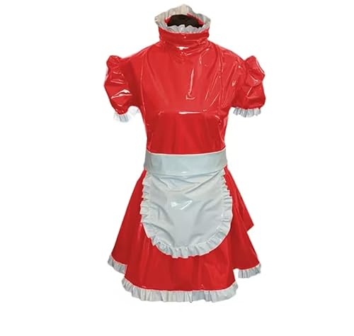 YGZHANYUANOKU Dienstmädchen-Kostüme, kurze Puffärmel, PVC-Minikleid, Schürze, Rüschen, ausgefallenes Cosplay, Lolita-Kleid, Halloween, Party, Abschlussball, personalisierbar, rot, 4XL von YGZHANYUANOKU