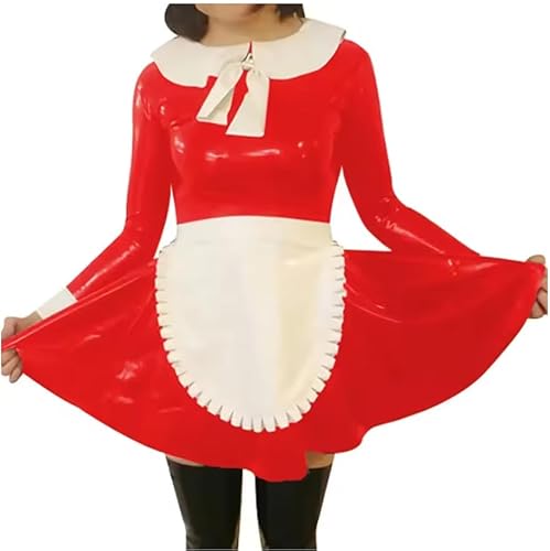 YGZHANYUANOKU Französisches Lolita-Kostüm für Damen, mit Schürze, Cosplay-Set, Wet-Look, PVC-Leder, langärmelig, Sissy-Kostüm, personalisierbar, Rot, Größe XXL von YGZHANYUANOKU