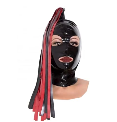 YGZHANYUANOKU Herren-Party-Kapuze aus Naturlatex, mit Perücke, Zöpfe, Kopfbedeckung, Maske, handgefertigt, Schwarz, Rot, Größe XXL von YGZHANYUANOKU