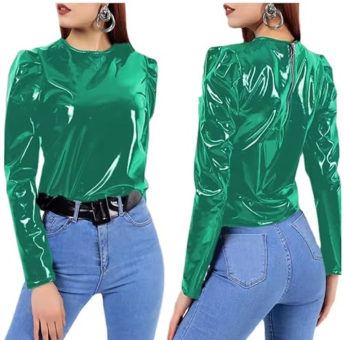 YGZHANYUANOKU Langärmeliges Oberteil für Damen, Uniform, Reißverschluss, PVC, anpassbar, Grün, Größe 3XL von YGZHANYUANOKU