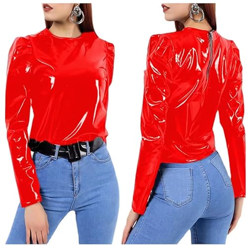 YGZHANYUANOKU Langärmeliges Oberteil für Damen, Uniform, Reißverschluss, PVC, anpassbar, Rot, Größe 4XL von YGZHANYUANOKU