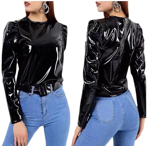 YGZHANYUANOKU Langärmeliges Oberteil für Damen, Uniform, Reißverschluss, PVC, anpassbar, Schwarz, Größe 7XL von YGZHANYUANOKU