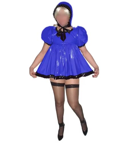 YGZHANYUANOKU Lolita Mini-Kleid mit Rüschen, hohe Taille, Mini-A-Linie, PVC-Leder, Party-Hut, Cosplay, Uniform, Outfits, Blau, Größe 3XL von YGZHANYUANOKU