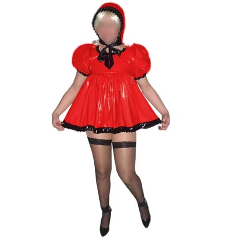 YGZHANYUANOKU Lolita Mini-Kleid mit Rüschen, hohe Taille, Mini-A-Linie, PVC-Leder, Party-Hut, Cosplay, Uniform, Outfits, Rot, Größe 3XL von YGZHANYUANOKU