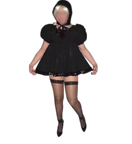 YGZHANYUANOKU Lolita Mini-Kleid mit Rüschen, hohe Taille, Mini-A-Linie, PVC-Leder, Party-Hut, Cosplay, Uniform, Outfits, Schwarz, Größe 7XL von YGZHANYUANOKU