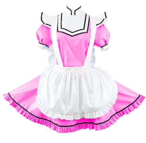 YGZHANYUANOKU Mini-Dienstmädchen-Cosplay-Uniform mit Puffärmeln und Schürze, PVC-Leder, schmales Kleid, Kostüm, anpassbar, Rosa, Größe L von YGZHANYUANOKU