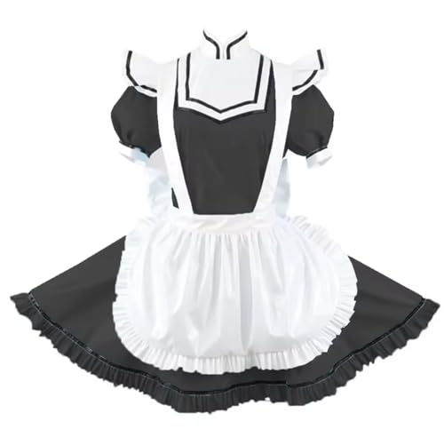 YGZHANYUANOKU Mini-Dienstmädchen-Cosplay-Uniform mit Puffärmeln und Schürze, PVC-Leder, schmales Kleid, Kostüm, personalisierbar, Schwarz, Größe M von YGZHANYUANOKU