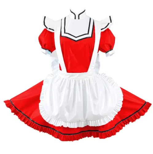 YGZHANYUANOKU Mini-Uniform mit Puffärmeln, Cosplay, Uniform mit Schürze, PVC-Leder, schmales Kleid, Kostüm, anpassbar, Rot, Größe 4XL von YGZHANYUANOKU