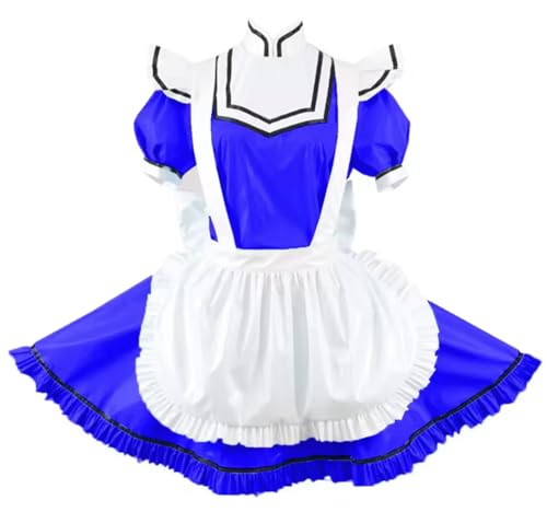 YGZHANYUANOKU Mini-Uniform mit Puffärmeln, Cosplay-Uniform mit Schürze, PVC-Leder, schmales Kleid, Kostüm, anpassbar, Königsblau, Größe 7XL von YGZHANYUANOKU
