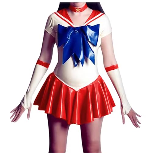 YGZHANYUANOKU PVC-Leder-Uniform für Erwachsene, kurzärmelig, mit Rock, mit Handschuhen, Halloween, Karneval, Anzug, personalisierbar, Rot, Größe XXL von YGZHANYUANOKU