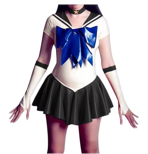 YGZHANYUANOKU PVC-Leder-Uniform für Erwachsene, kurzärmelig, mit Rock, mit Handschuhen, Halloween, Karneval, Anzug, personalisierbar, Schwarz, Größe 4XL von YGZHANYUANOKU