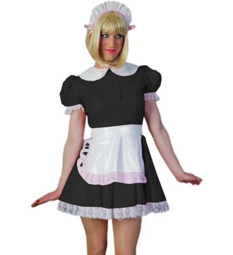 YGZHANYUANOKU PVC-Pan-Kragen, Spitzenbesatz, Puffärmel, plissiert, Minikleid, Dienstmädchen-Cosplay-Kostüm mit Schürze, personalisierbar, Schwarz, 6XL von YGZHANYUANOKU