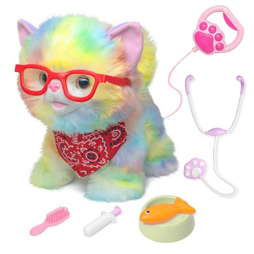 YH YUHUNG Interaktive Ferngesteuerte Plüschkatze mit Leine, Tierarzt-Spielset, Regenbogenfarben, für Kinder ab 3 Jahre von YH YUHUNG